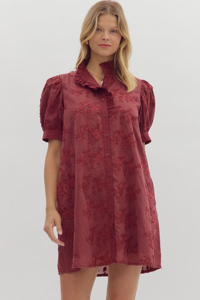easy to admire floral applique front button dress | burgundy