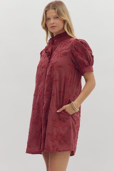 easy to admire floral applique front button dress | burgundy