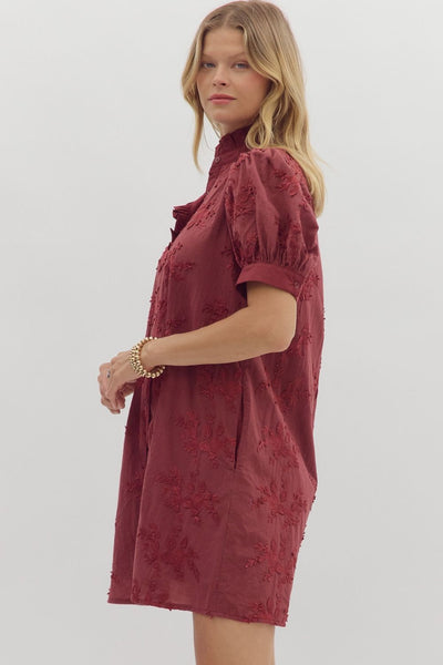 easy to admire floral applique front button dress | burgundy