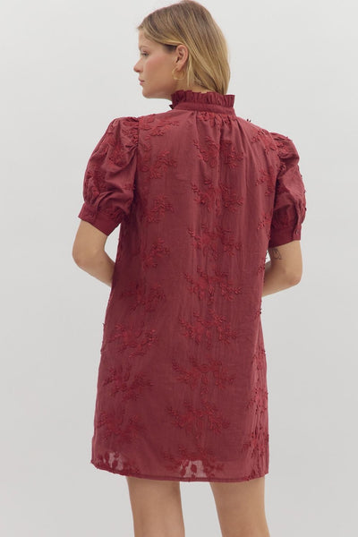 easy to admire floral applique front button dress | burgundy