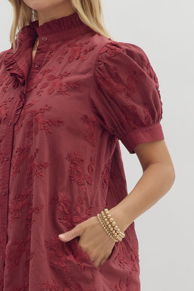 easy to admire floral applique front button dress | burgundy