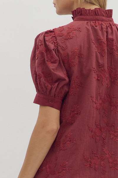 easy to admire floral applique front button dress | burgundy