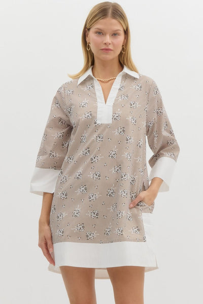 gallery opening striped floral shift dress | latte