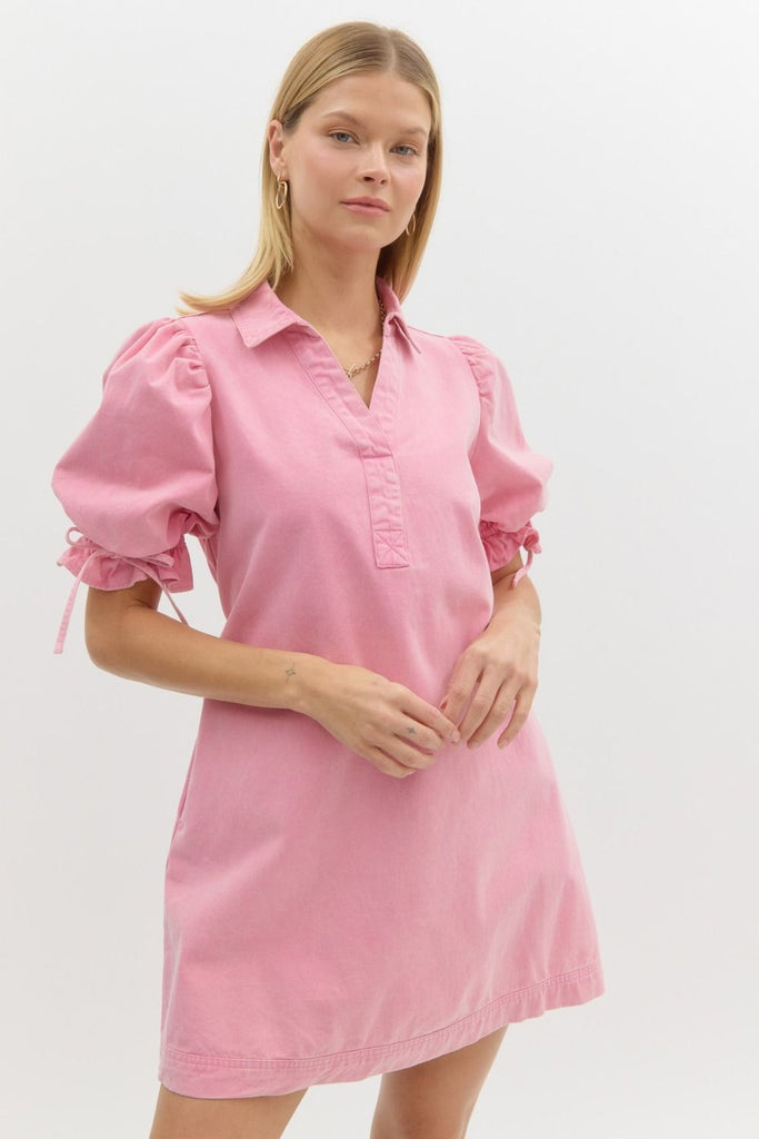 pink denim mini dress Women's Breaking New Ground Pink Cotton Button Front Denim Mini Dress | Size: L