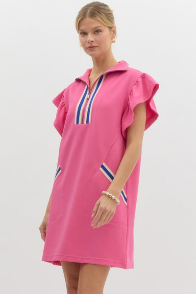 sweet days half zip flutter sleeve athletic dress | pink