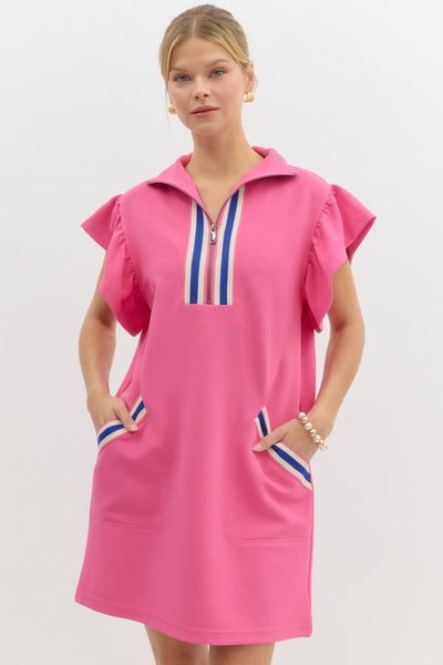 sweet days half zip flutter sleeve athletic dress | pink