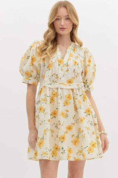 french gardens floral puff sleeve pintuck dress | yellow