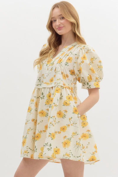 french gardens floral puff sleeve pintuck dress | yellow