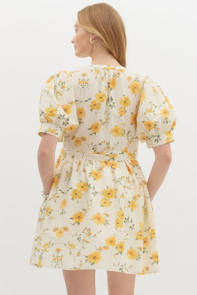 french gardens floral puff sleeve pintuck dress | yellow