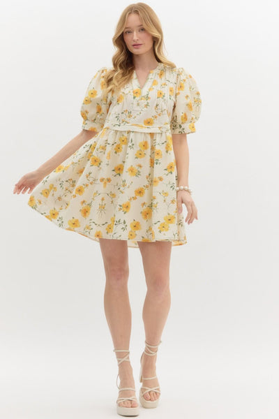 french gardens floral puff sleeve pintuck dress | yellow