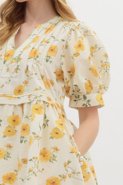 french gardens floral puff sleeve pintuck dress | yellow
