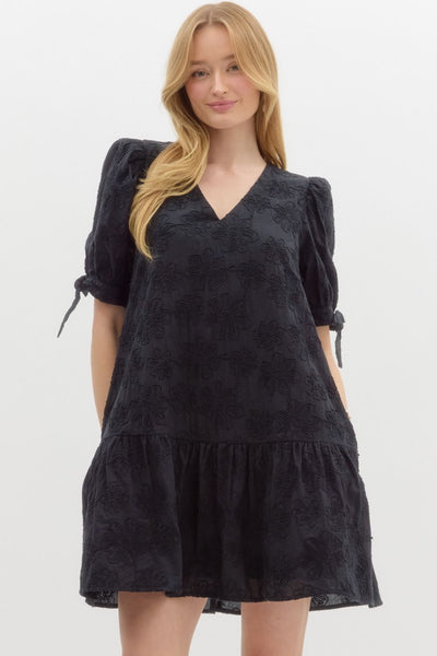 gallery opening floral applique ruffle hem dress | black