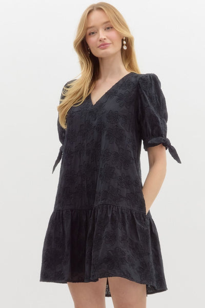 gallery opening floral applique ruffle hem dress | black