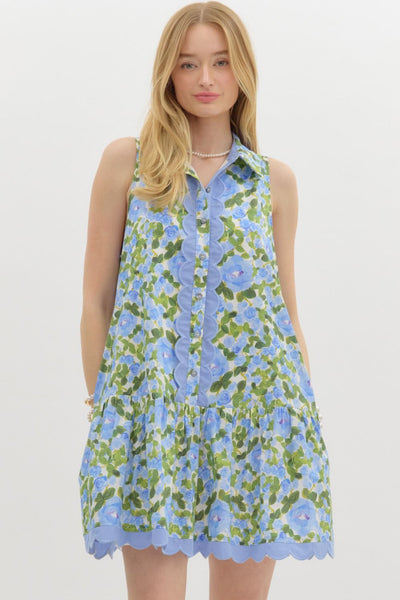 within reach floral ruffle hem dress | blue