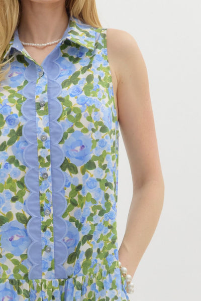 within reach floral ruffle hem dress | blue