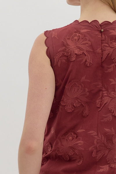 my kind of magic floral appliqué sleeveless dress | burgundy