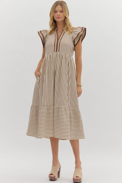 treasured times striped tiered maxi dress | brown