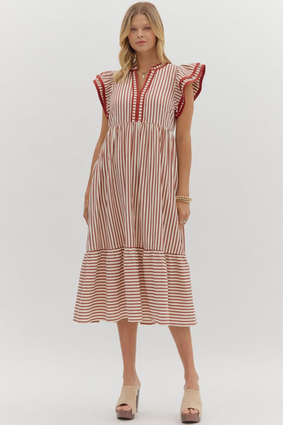 treasured times striped tiered maxi dress | rust