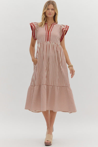 treasured times striped tiered maxi dress | rust