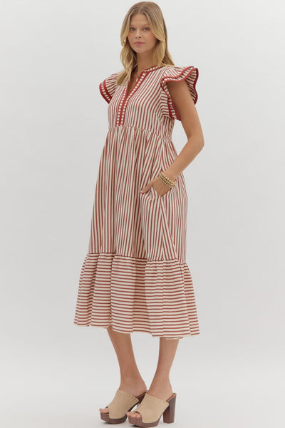 treasured times striped tiered maxi dress | rust