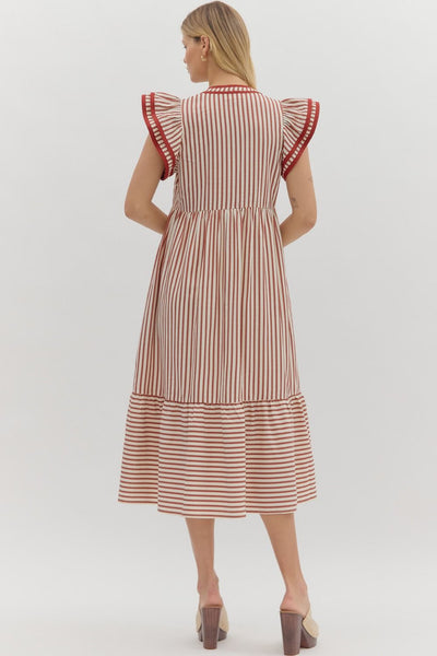 treasured times striped tiered maxi dress | rust