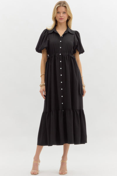 sleek silhouette bubble sleeve midi dress | black