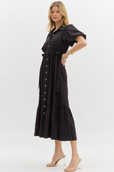 sleek silhouette bubble sleeve midi dress | black