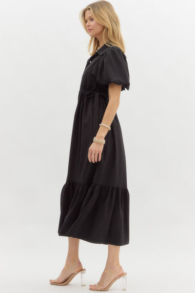sleek silhouette bubble sleeve midi dress | black