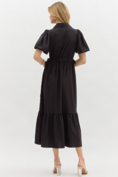 sleek silhouette bubble sleeve midi dress | black