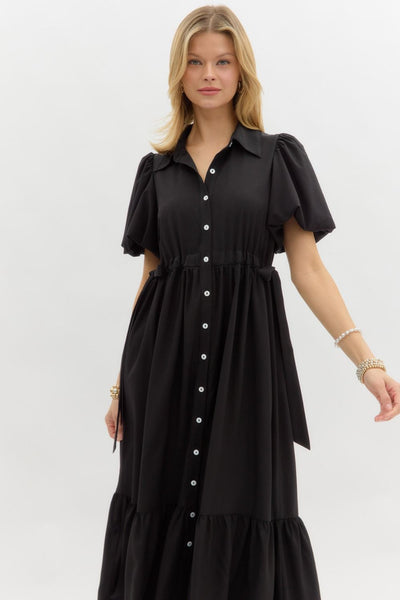 sleek silhouette bubble sleeve midi dress | black