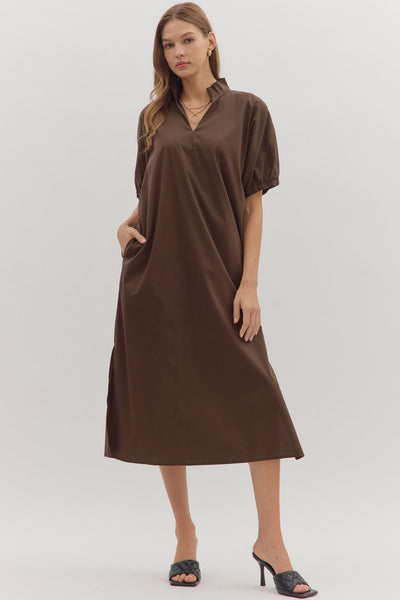 see your heart puff sleeve midi dress | brown