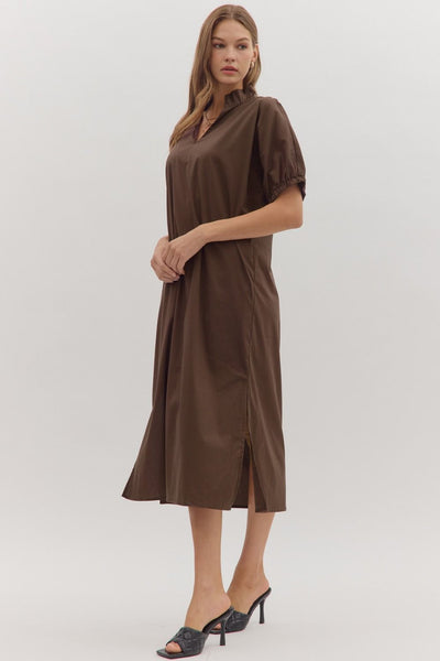 see your heart puff sleeve midi dress | brown