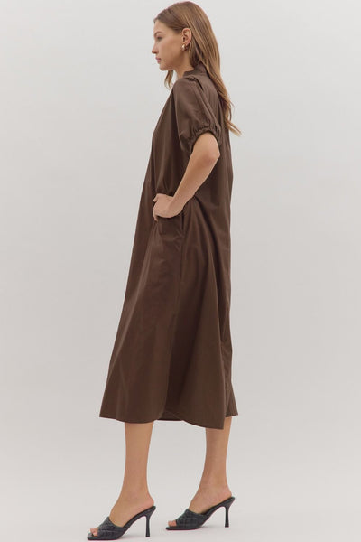 see your heart puff sleeve midi dress | brown