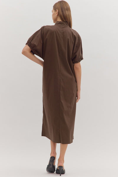 see your heart puff sleeve midi dress | brown