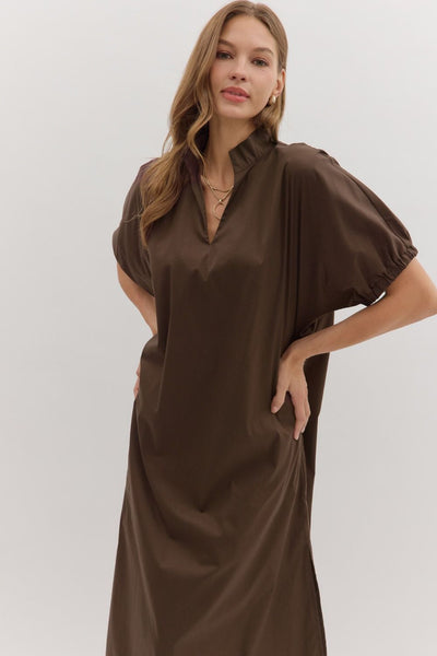 see your heart puff sleeve midi dress | brown
