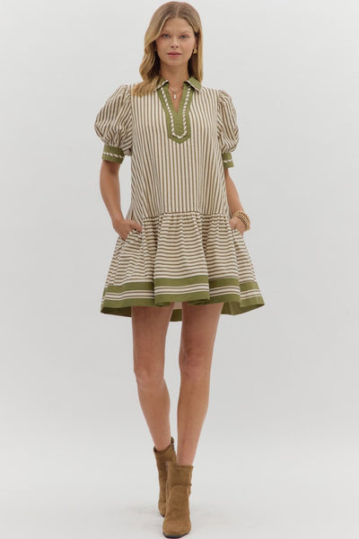 can't help but smile stripe drop waist dress | olive