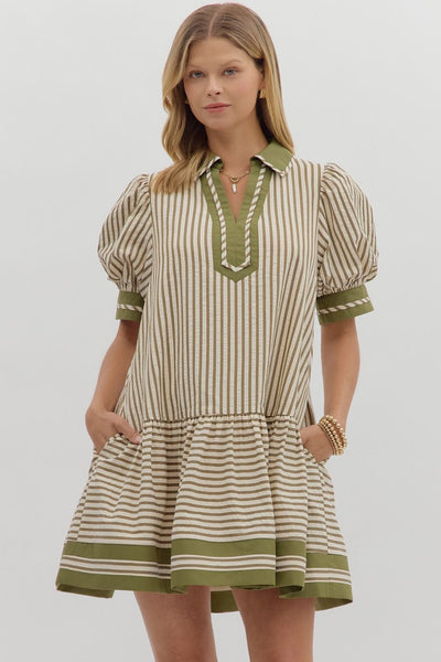 can't help but smile stripe drop waist dress | olive