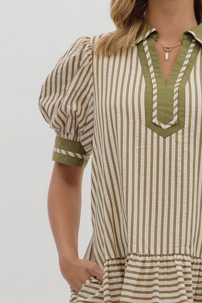 can't help but smile stripe drop waist dress | olive