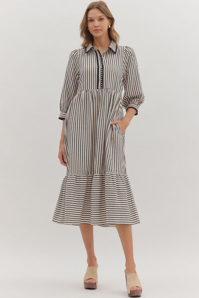 say what you will striped scallop trim midi dress | black + white