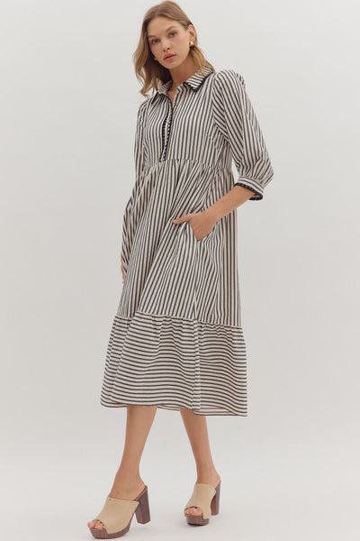 say what you will striped scallop trim midi dress | black + white