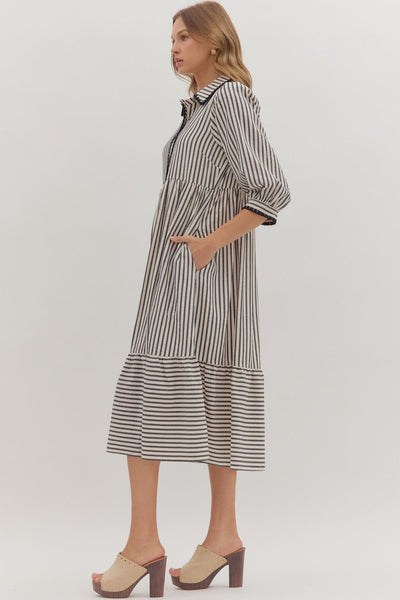 say what you will striped scallop trim midi dress | black + white
