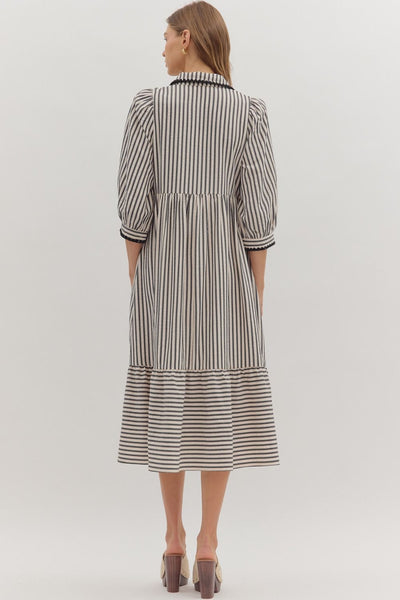 say what you will striped scallop trim midi dress | black + white