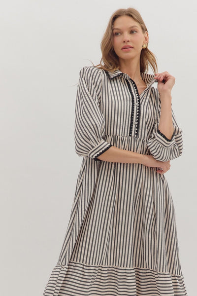 say what you will striped scallop trim midi dress | black + white
