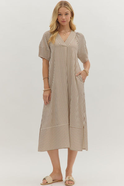 hold that thought striped midi dress | brown