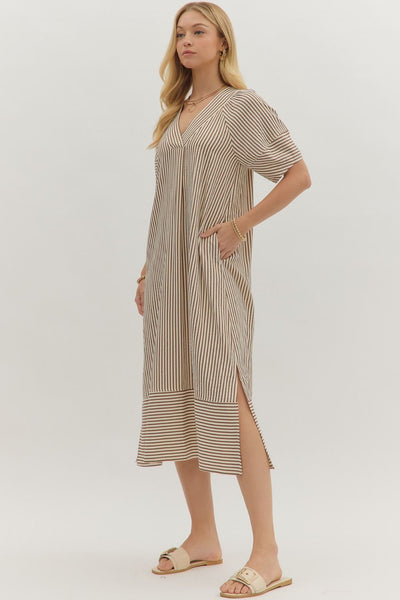 hold that thought striped midi dress | brown