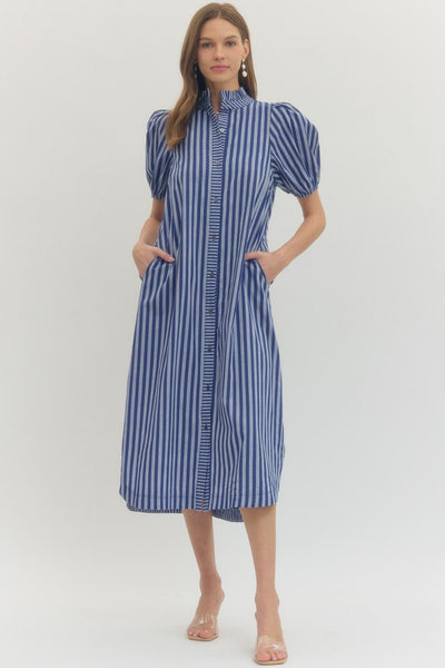 just getting started striped puff sleeve midi dress | navy blue