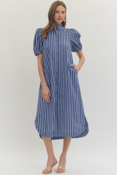 just getting started striped puff sleeve midi dress | navy blue