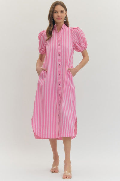 just getting started striped puff sleeve midi dress | light pink