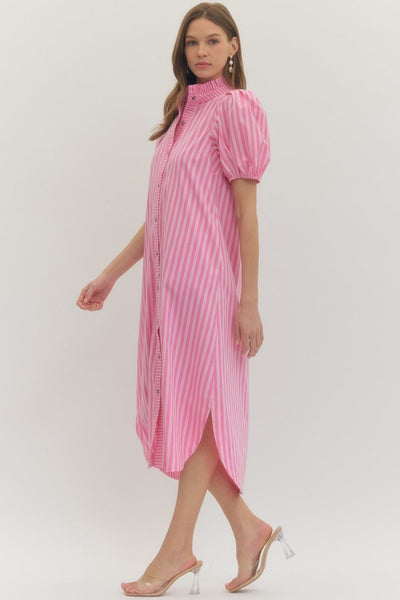 just getting started striped puff sleeve midi dress | light pink