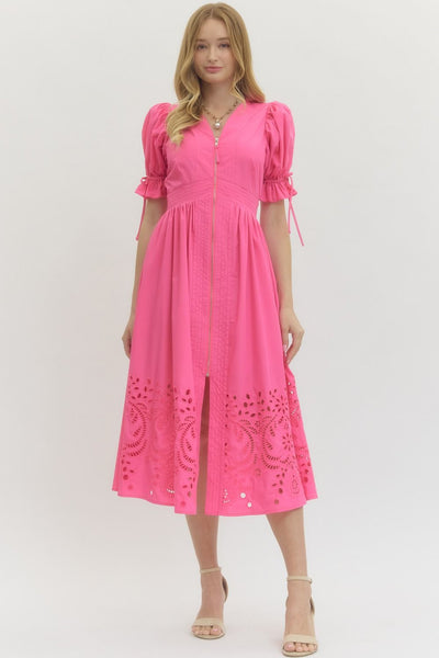 classic choice embroidered puff sleeve midi dress | pink